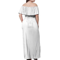 Philippines Barong Style Off Shoulder Maxi Dress with Polynesian Art and Leaf Motif White Color