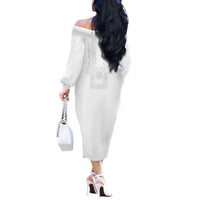 Philippines Barong Style Off The Shoulder Long Sleeve Dress with Polynesian Art and Leaf Motif White Color