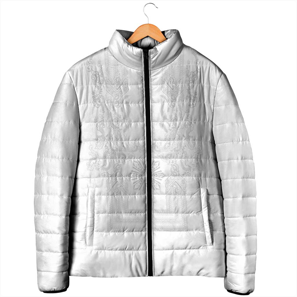 Philippines Barong Style Padded Jacket with Polynesian Art and Leaf Motif White Color