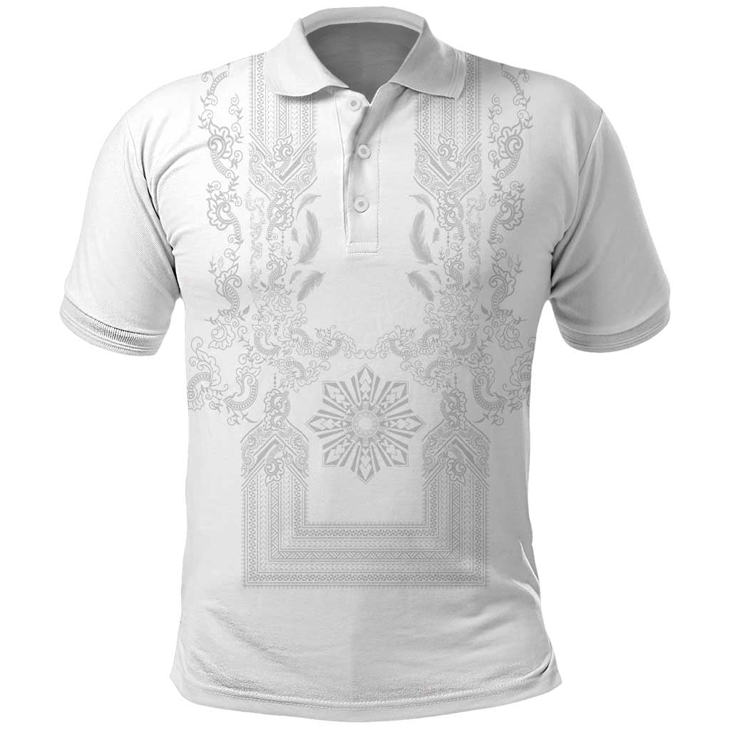 Philippines Barong Style Polo Shirt with Polynesian Art and Leaf Motif White Color