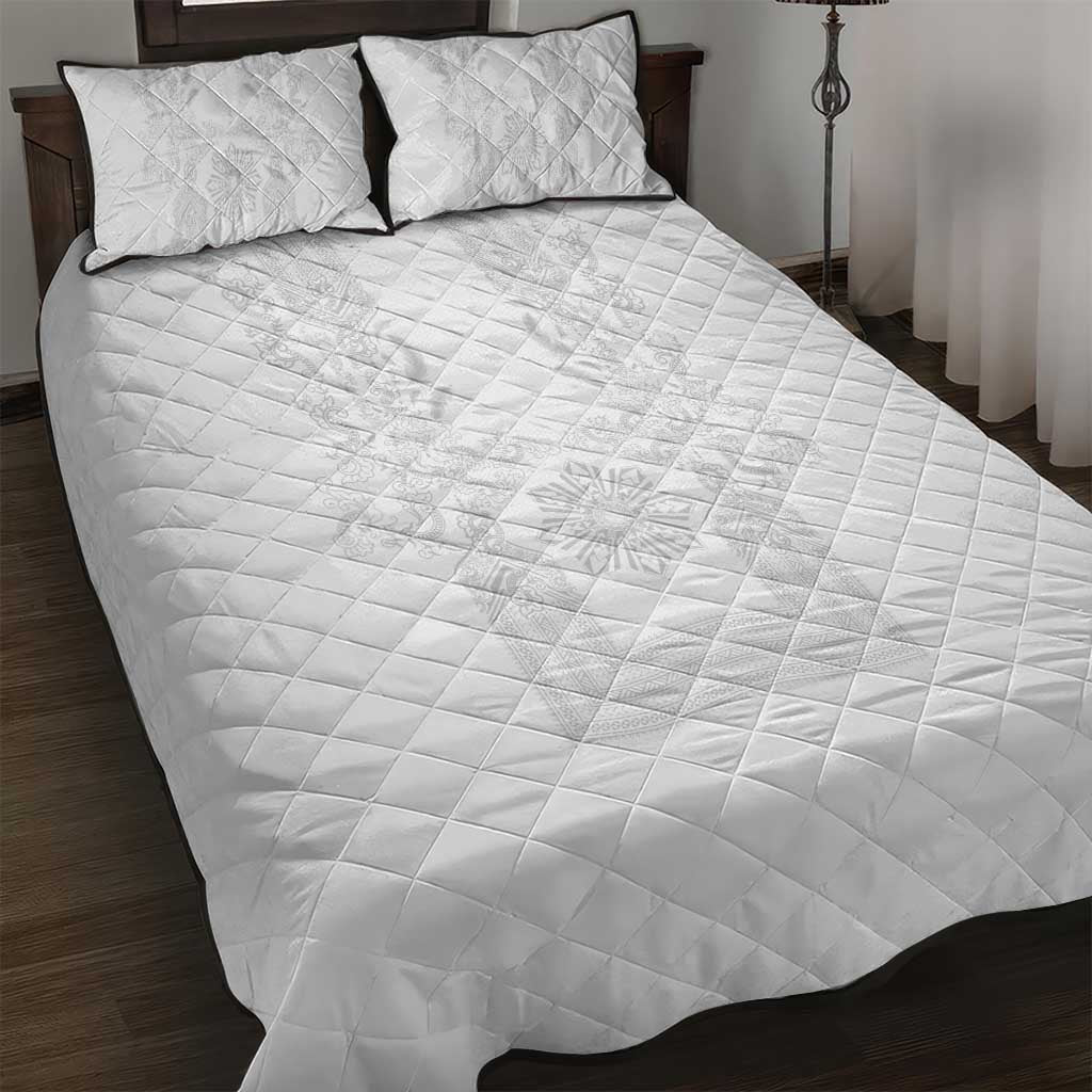 Philippines Barong Style Quilt Bed Set with Polynesian Art and Leaf Motif White Color