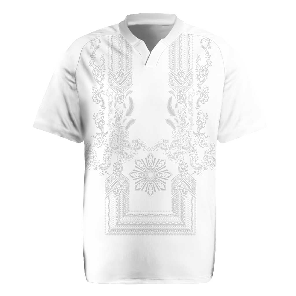 Philippines Barong Style Rugby Jersey with Polynesian Art and Leaf Motif White Color LT03 White - Polynesian Pride