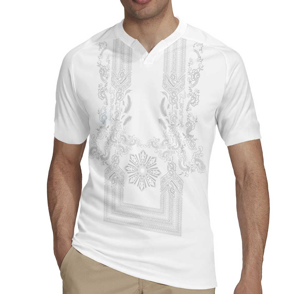 Philippines Barong Style Rugby Jersey with Polynesian Art and Leaf Motif White Color LT03 - Polynesian Pride