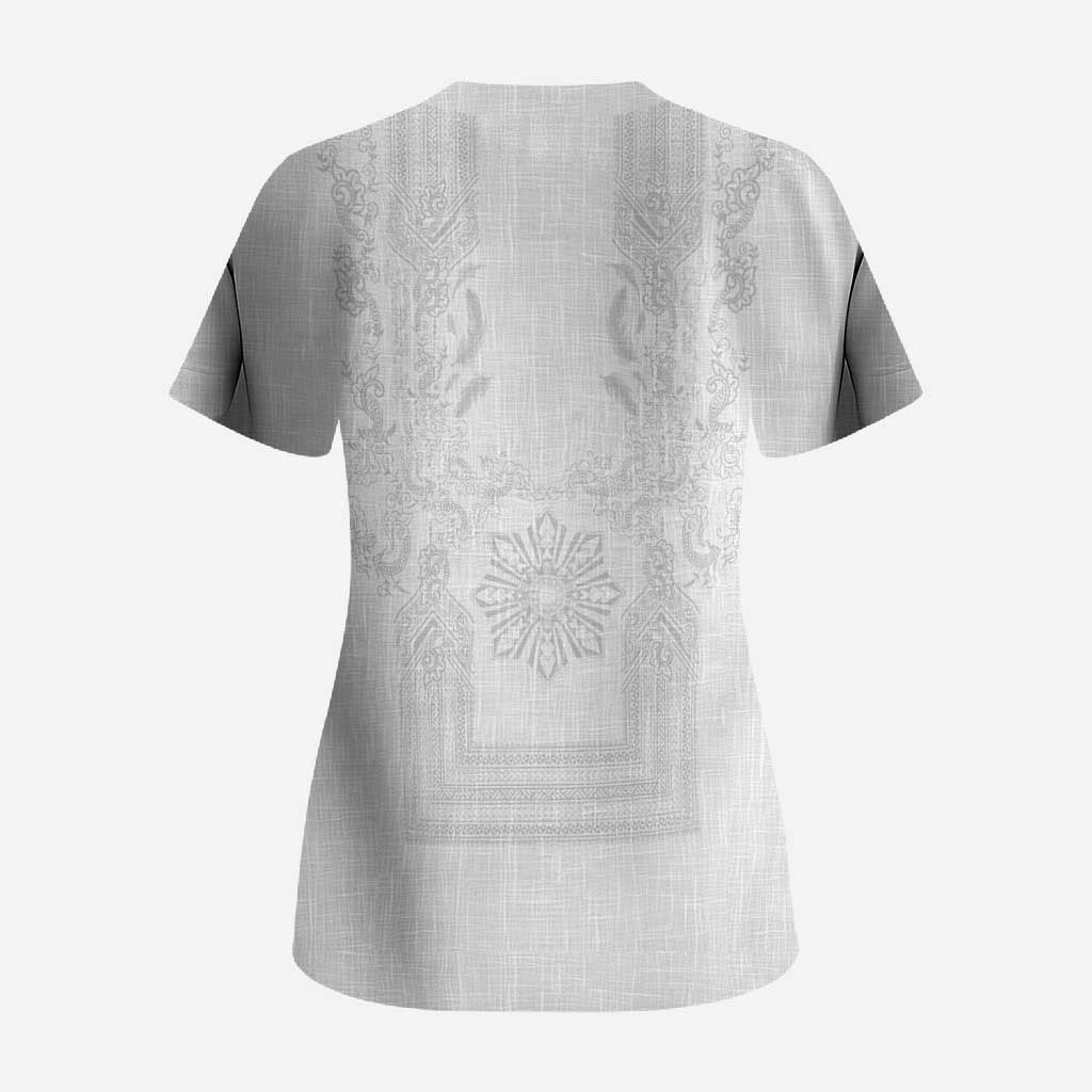 Philippines Barong Style Scrub Top with Polynesian Art and Leaf Motif White Color LT03 - Polynesian Pride