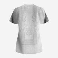 Philippines Barong Style Scrub Top with Polynesian Art and Leaf Motif White Color LT03 - Polynesian Pride