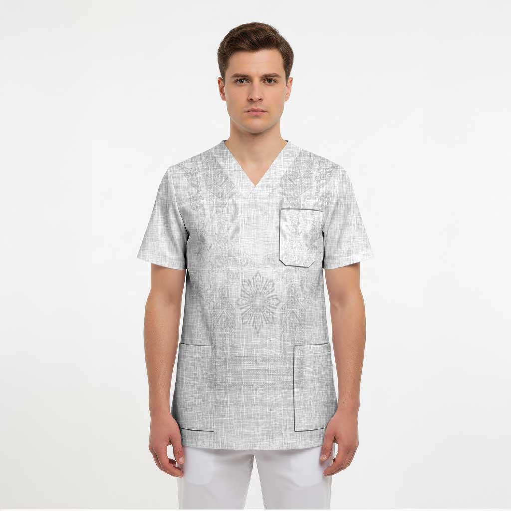 Philippines Barong Style Scrub Top with Polynesian Art and Leaf Motif White Color LT03 - Polynesian Pride