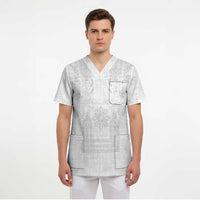 Philippines Barong Style Scrub Top with Polynesian Art and Leaf Motif White Color LT03 - Polynesian Pride