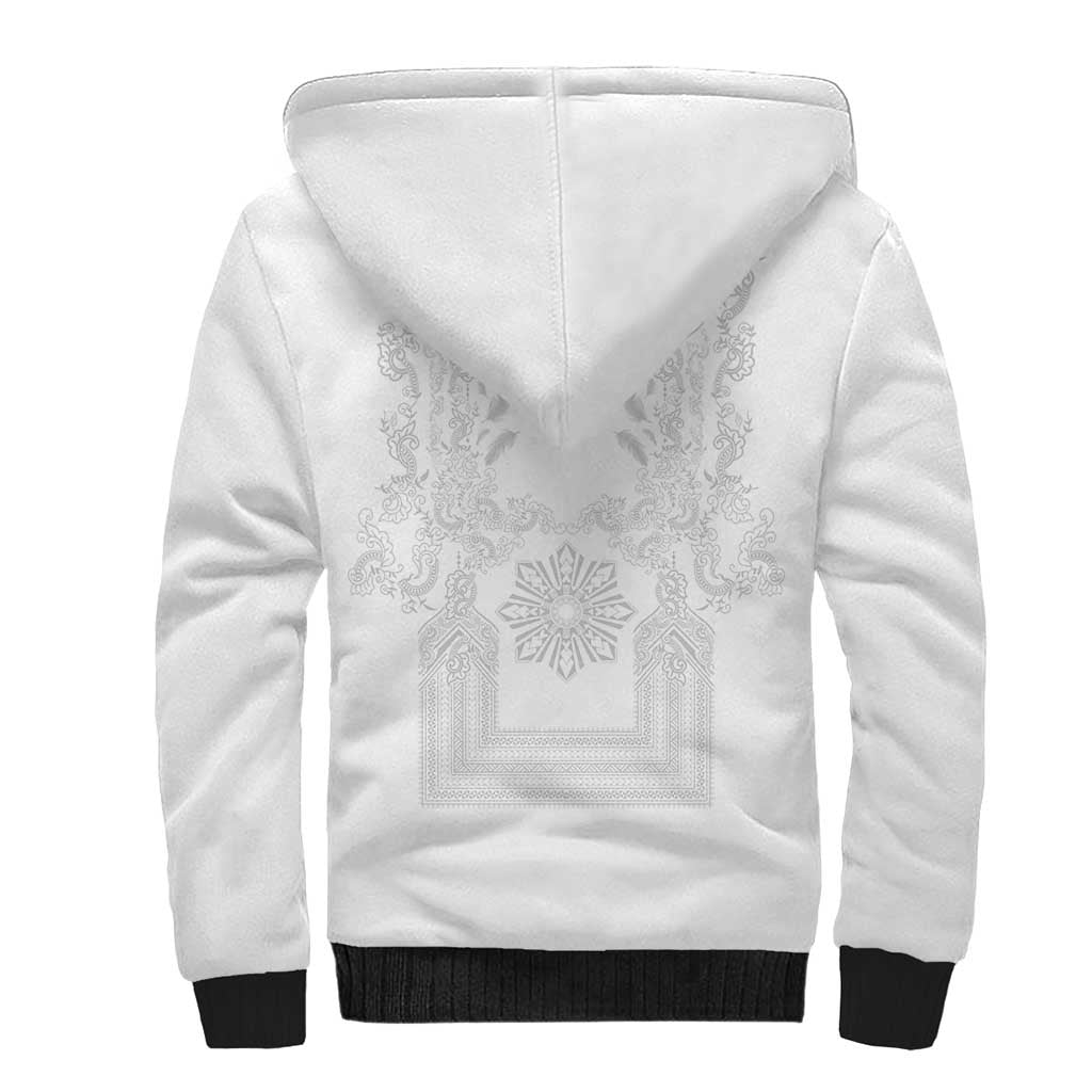 Philippines Barong Style Sherpa Hoodie with Polynesian Art and Leaf Motif White Color LT03 - Polynesian Pride