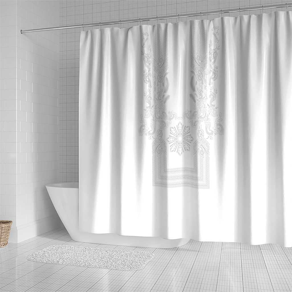 Philippines Barong Style Shower Curtain with Polynesian Art and Leaf Motif White Color LT03 - Polynesian Pride