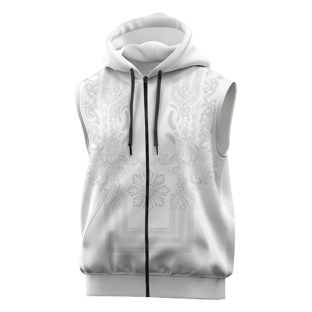 Philippines Barong Style Sleeveless Zip Hoodie with Polynesian Art and Leaf Motif White Color LT03 White - Polynesian Pride
