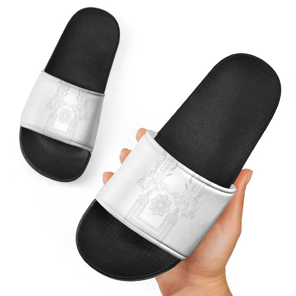 Philippines Barong Style Slide Sandals with Polynesian Art and Leaf Motif White Color