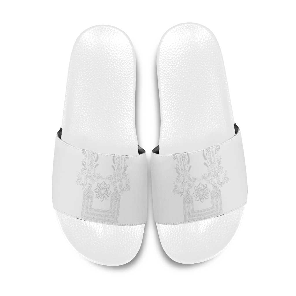 Philippines Barong Style Slide Sandals with Polynesian Art and Leaf Motif White Color