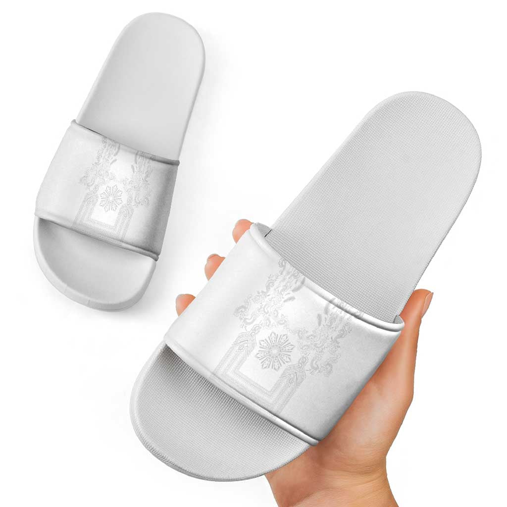 Philippines Barong Style Slide Sandals with Polynesian Art and Leaf Motif White Color