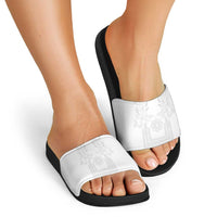 Philippines Barong Style Slide Sandals with Polynesian Art and Leaf Motif White Color