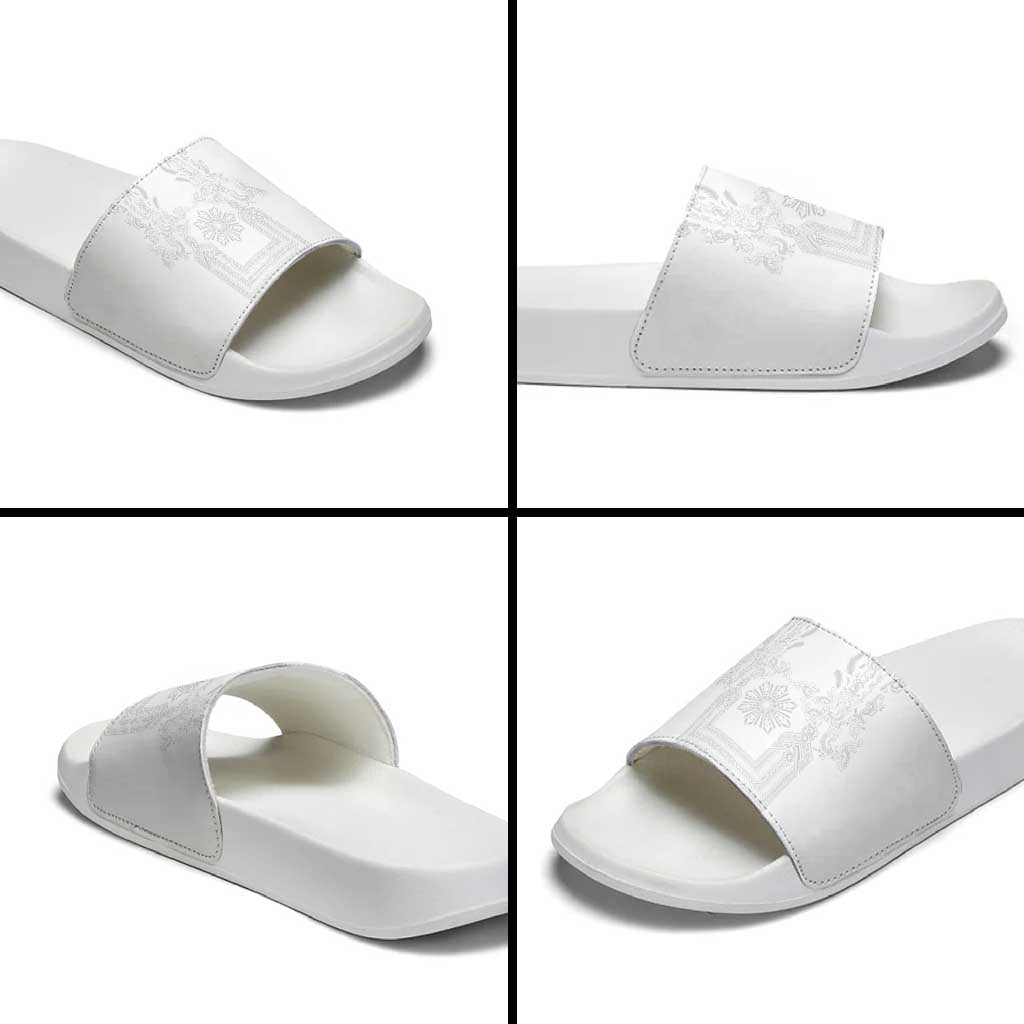 Philippines Barong Style Slide Sandals with Polynesian Art and Leaf Motif White Color