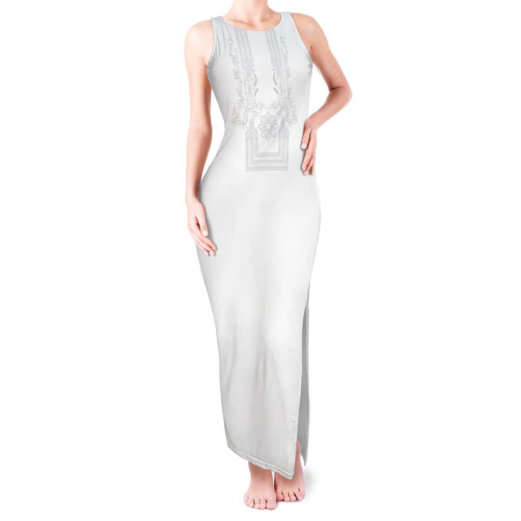 Philippines Barong Style Tank Maxi Dress with Polynesian Art and Leaf Motif White Color LT03 Women White - Polynesian Pride