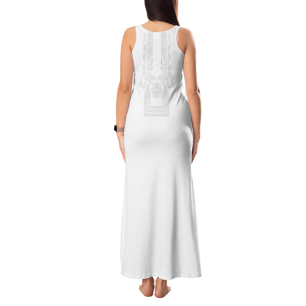 Philippines Barong Style Tank Maxi Dress with Polynesian Art and Leaf Motif White Color LT03 - Polynesian Pride