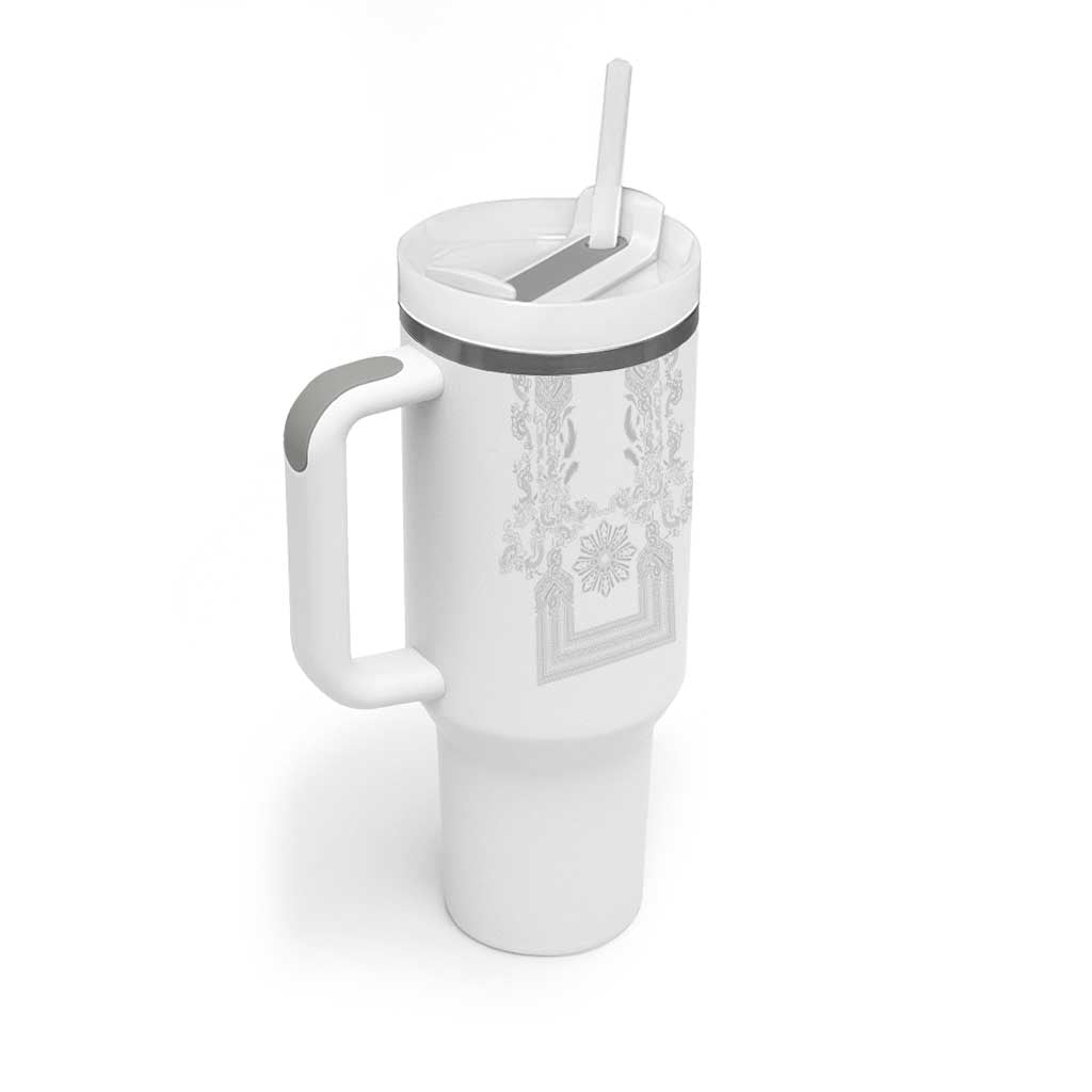 Philippines Barong Style Tumbler With Handle with Polynesian Art and Leaf Motif White Color LT03 - Polynesian Pride
