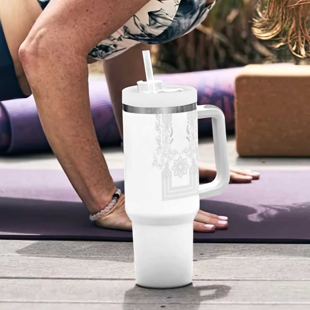 Philippines Barong Style Tumbler With Handle with Polynesian Art and Leaf Motif White Color LT03 - Polynesian Pride