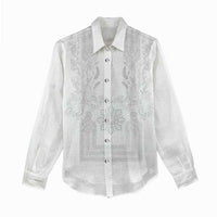 Philippines Barong Style Women Casual Shirt with Polynesian Art and Leaf Motif White Color LT03 - Polynesian Pride