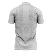 Philippines Barong Style Zipper Polo Shirt with Polynesian Art and Leaf Motif White Color