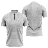 Philippines Barong Style Zipper Polo Shirt with Polynesian Art and Leaf Motif White Color