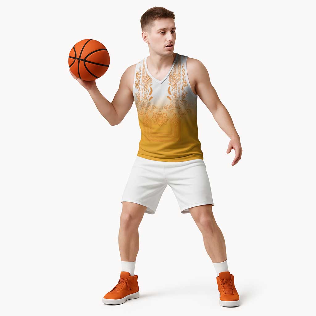 Philippines Barong Style Basketball Jersey with Polynesian Art and Leaf Motif Yellow Color LT03 - Polynesian Pride