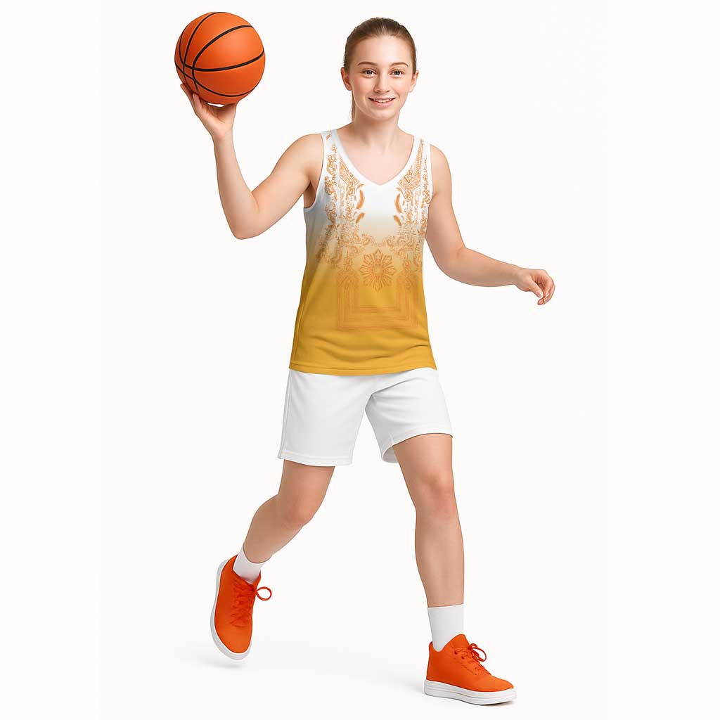 Philippines Barong Style Basketball Jersey with Polynesian Art and Leaf Motif Yellow Color LT03 - Polynesian Pride