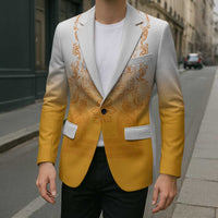 Philippines Barong Style Blazer with Polynesian Art and Leaf Motif Yellow Color LT03 - Polynesian Pride