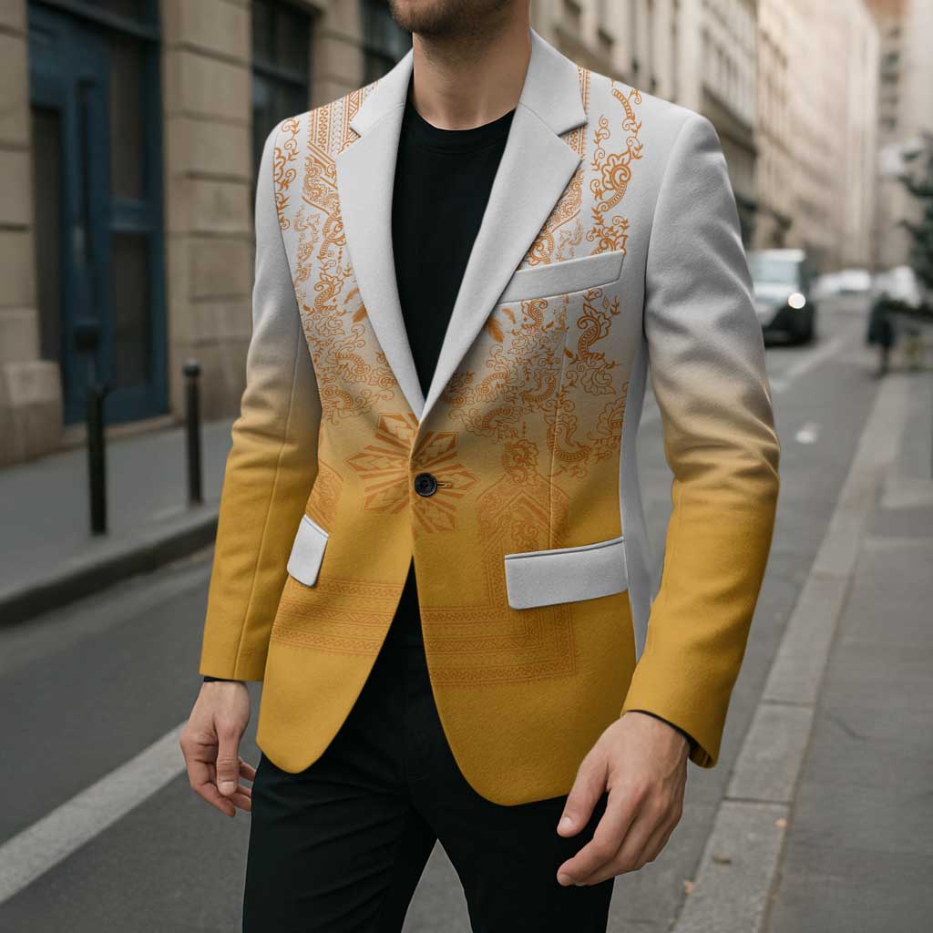 Philippines Barong Style Blazer with Polynesian Art and Leaf Motif Yellow Color LT03 - Polynesian Pride