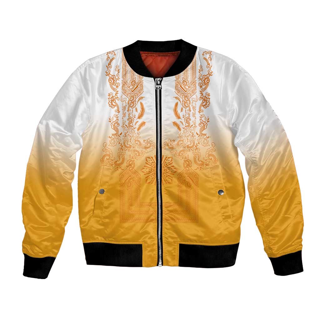 Philippines Barong Style Bomber Jacket with Polynesian Art and Leaf Motif Yellow Color LT03 Unisex Yellow - Polynesian Pride