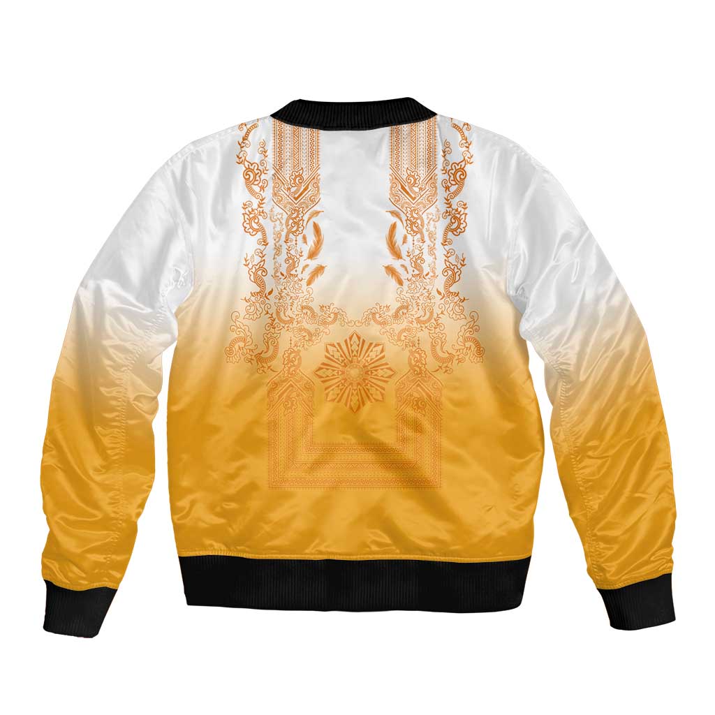 Philippines Barong Style Bomber Jacket with Polynesian Art and Leaf Motif Yellow Color LT03 - Polynesian Pride