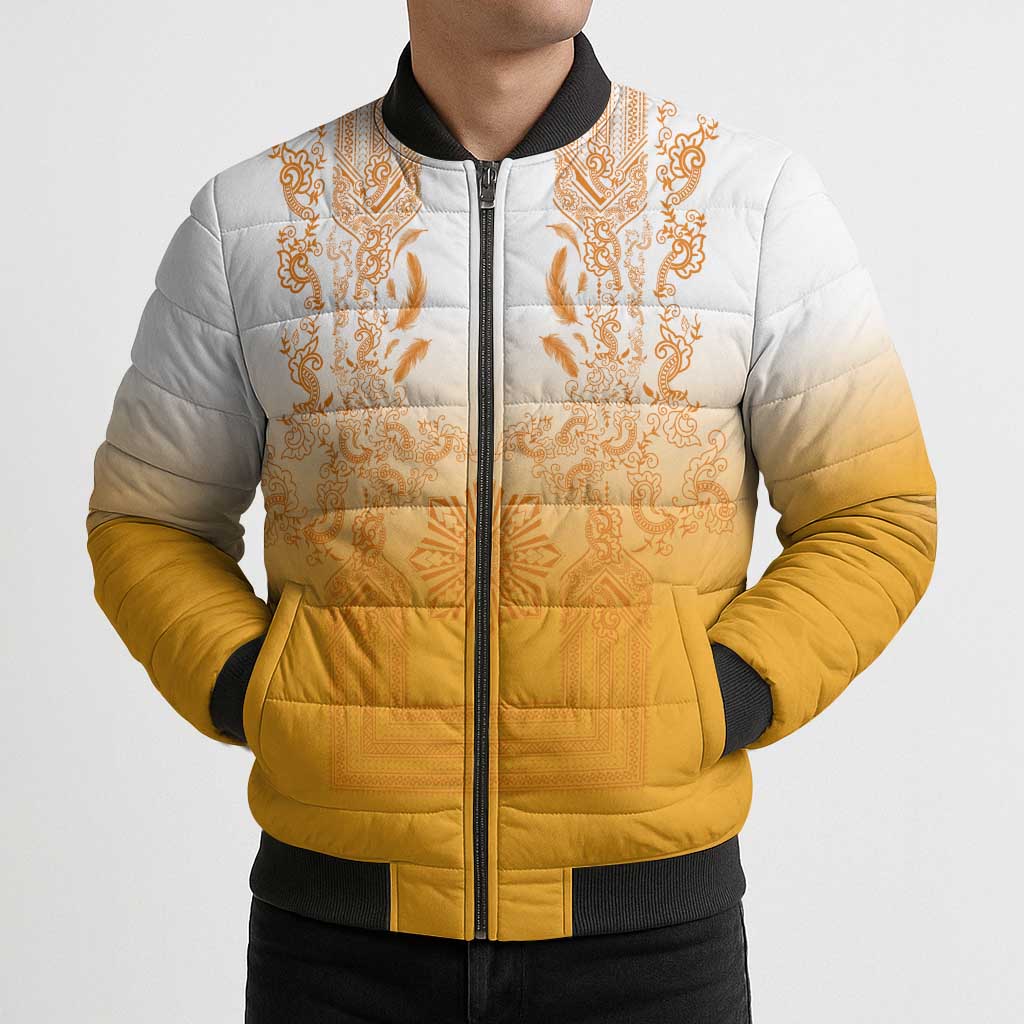 Philippines Barong Style Bomber Puffer Jacket with Polynesian Art and Leaf Motif Yellow Color LT03 - Polynesian Pride