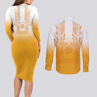 Philippines Barong Style Couples Matching Long Sleeve Bodycon Dress and Long Sleeve Button Shirt with Polynesian Art and Leaf Motif Yellow Color