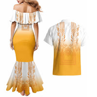 Philippines Barong Style Couples Matching Mermaid Dress and Hawaiian Shirt with Polynesian Art and Leaf Motif Yellow Color