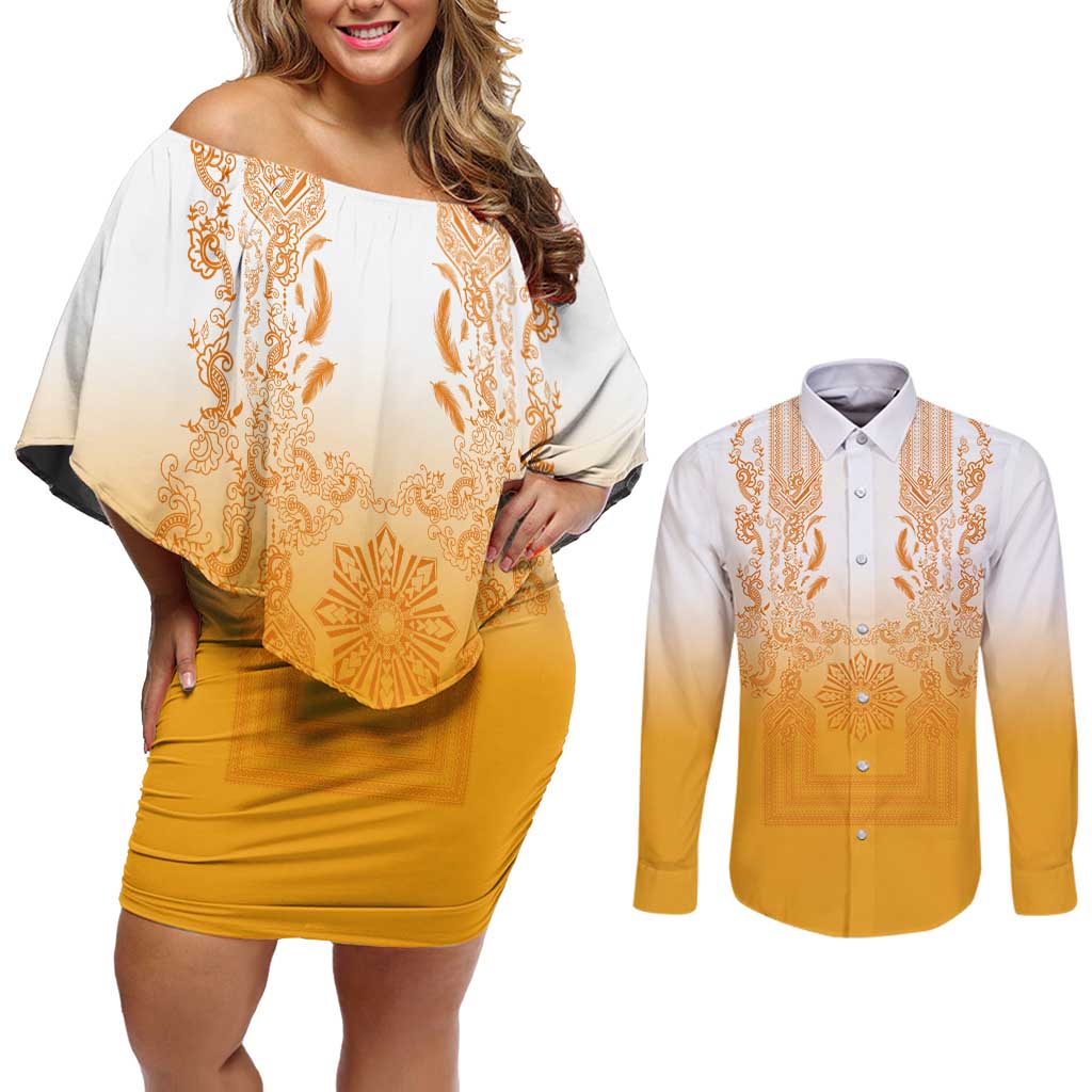 Philippines Barong Style Couples Matching Off Shoulder Short Dress and Long Sleeve Button Shirt with Polynesian Art and Leaf Motif Yellow Color LT03 Yellow - Polynesian Pride