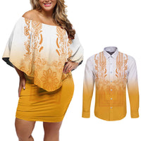 Philippines Barong Style Couples Matching Off Shoulder Short Dress and Long Sleeve Button Shirt with Polynesian Art and Leaf Motif Yellow Color