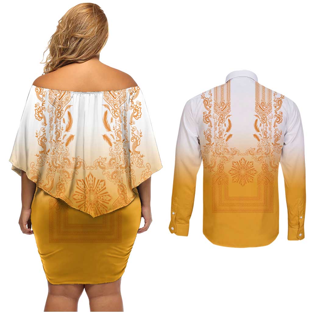 Philippines Barong Style Couples Matching Off Shoulder Short Dress and Long Sleeve Button Shirt with Polynesian Art and Leaf Motif Yellow Color