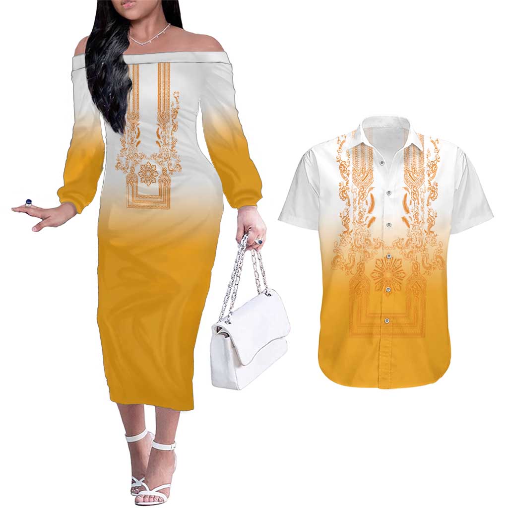 Philippines Barong Style Couples Matching Off The Shoulder Long Sleeve Dress and Hawaiian Shirt with Polynesian Art and Leaf Motif Yellow Color