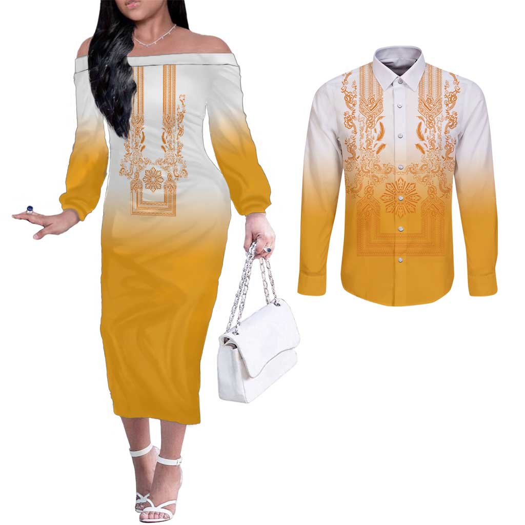 Philippines Barong Style Couples Matching Off The Shoulder Long Sleeve Dress and Long Sleeve Button Shirt with Polynesian Art and Leaf Motif Yellow Color