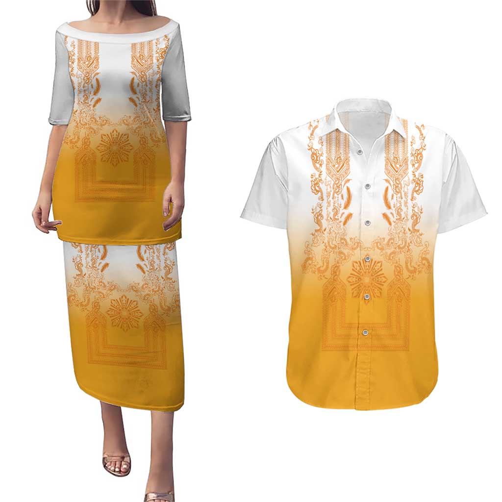 Philippines Barong Style Couples Matching Puletasi and Hawaiian Shirt with Polynesian Art and Leaf Motif Yellow Color