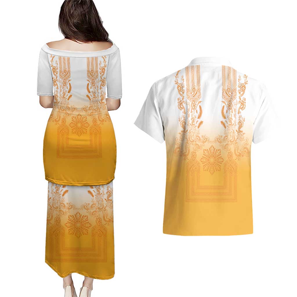 Philippines Barong Style Couples Matching Puletasi and Hawaiian Shirt with Polynesian Art and Leaf Motif Yellow Color