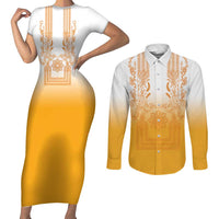 Philippines Barong Style Couples Matching Short Sleeve Bodycon Dress and Long Sleeve Button Shirt with Polynesian Art and Leaf Motif Yellow Color