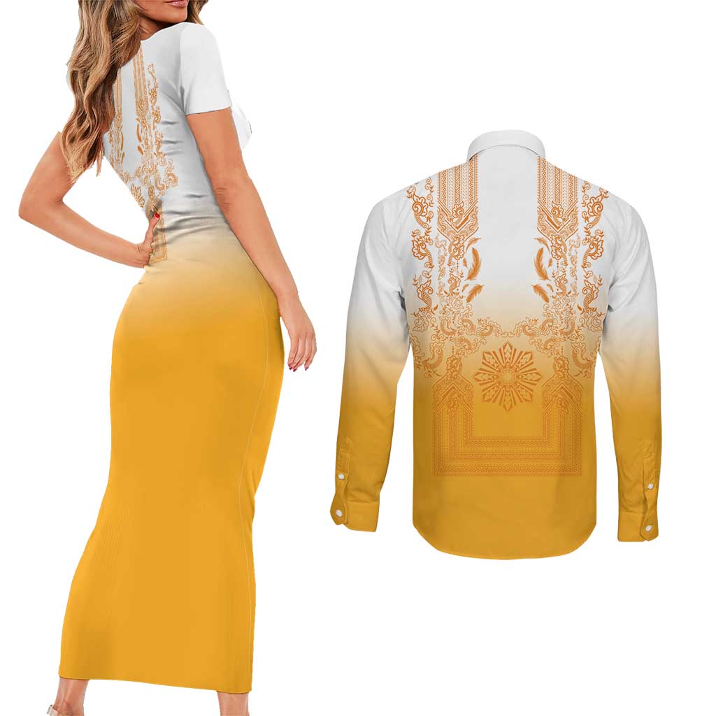 Philippines Barong Style Couples Matching Short Sleeve Bodycon Dress and Long Sleeve Button Shirt with Polynesian Art and Leaf Motif Yellow Color