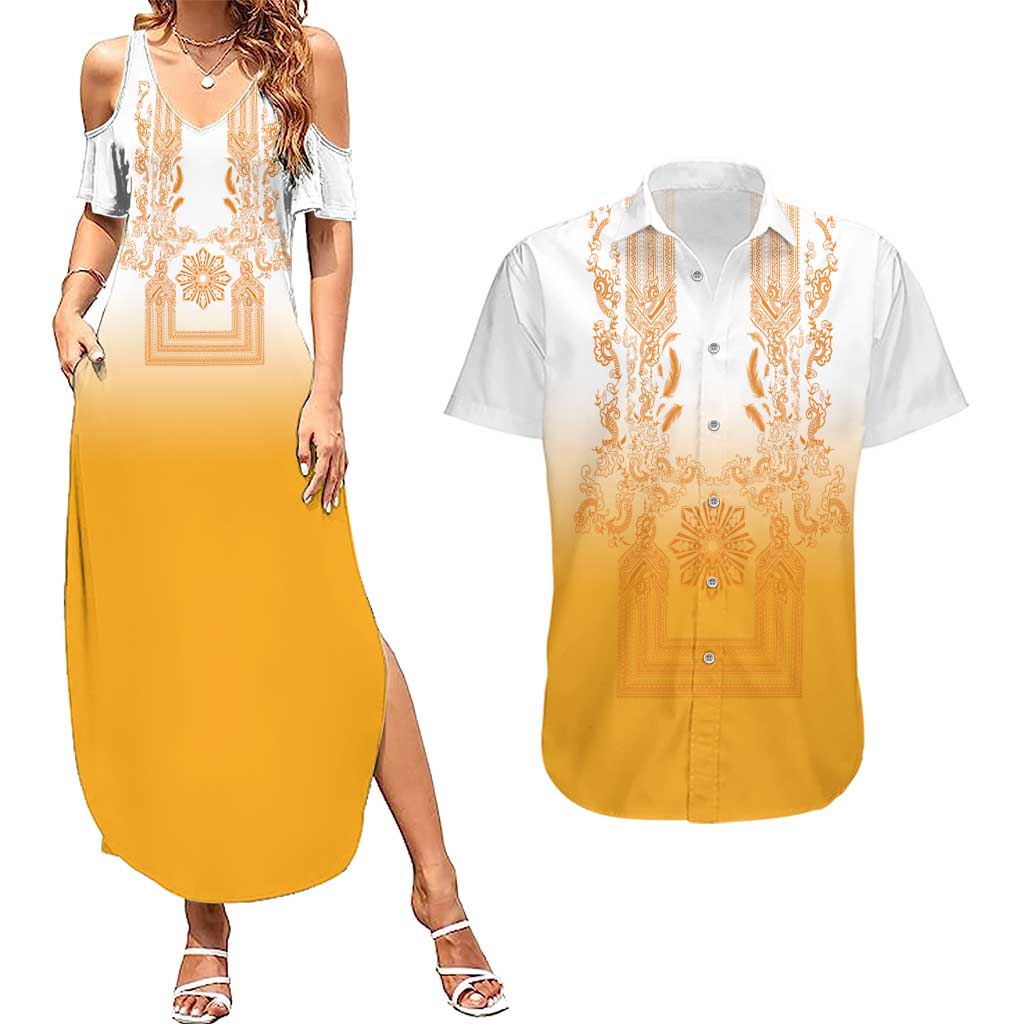 Philippines Barong Style Couples Matching Summer Maxi Dress and Hawaiian Shirt with Polynesian Art and Leaf Motif Yellow Color LT03 Yellow - Polynesian Pride