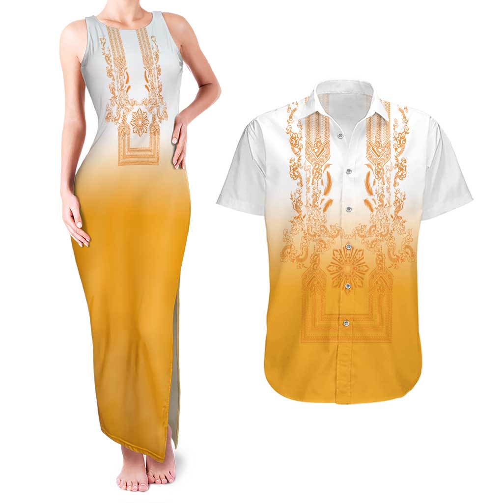 Philippines Barong Style Couples Matching Tank Maxi Dress and Hawaiian Shirt with Polynesian Art and Leaf Motif Yellow Color LT03 Yellow - Polynesian Pride