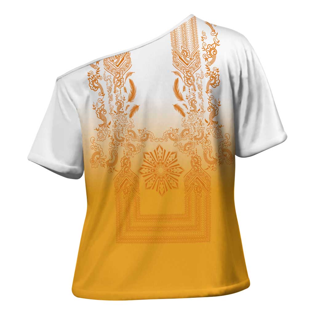 Philippines Barong Style Cross Shoulder Shirt with Polynesian Art and Leaf Motif Yellow Color LT03 - Polynesian Pride