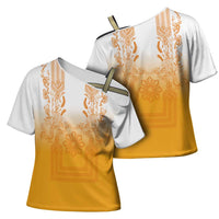 Philippines Barong Style Cross Shoulder Shirt with Polynesian Art and Leaf Motif Yellow Color LT03 - Polynesian Pride