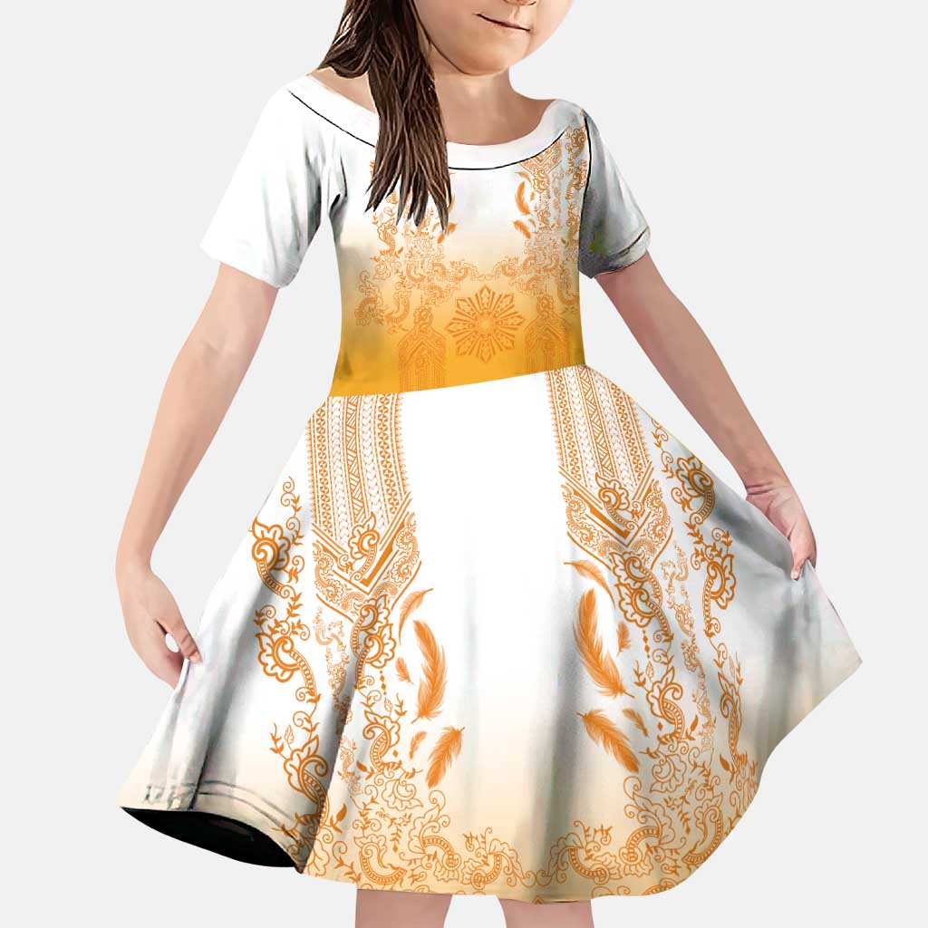Philippines Barong Style Family Matching Long Sleeve Bodycon Dress and Hawaiian Shirt with Polynesian Art and Leaf Motif Yellow Color