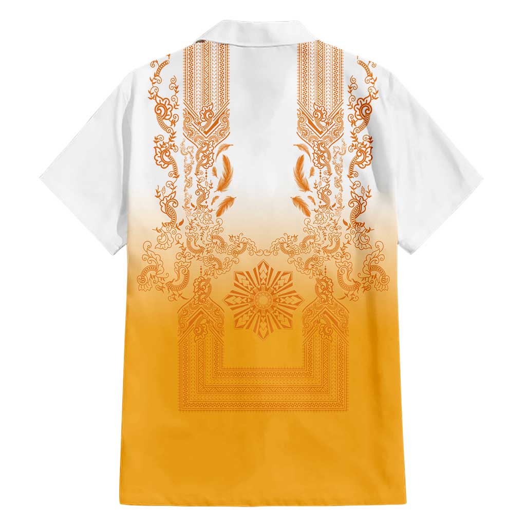 Philippines Barong Style Family Matching Long Sleeve Bodycon Dress and Hawaiian Shirt with Polynesian Art and Leaf Motif Yellow Color